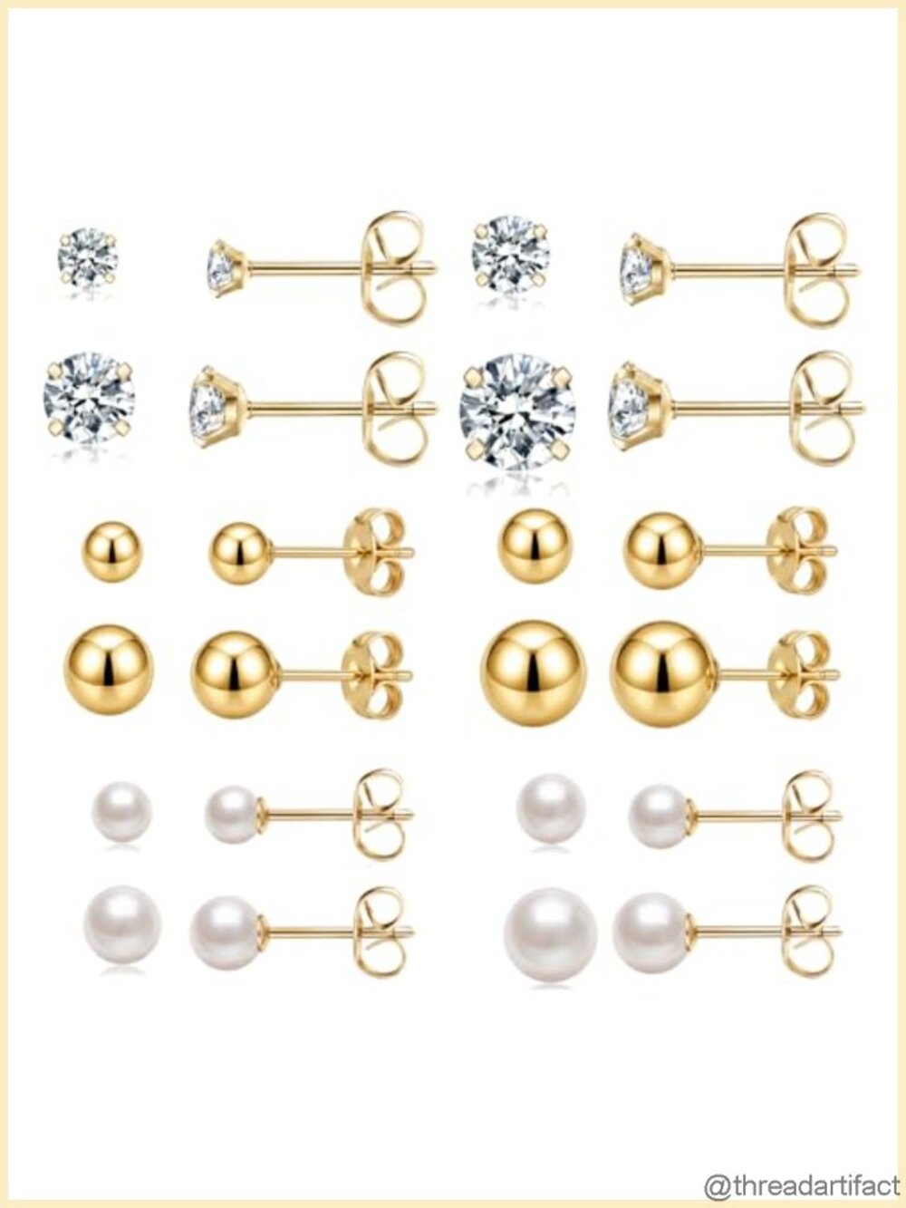 14K Gold Plated Hypoallergenic Stud Earrings Set 12 Pair CZ Pearl Ball